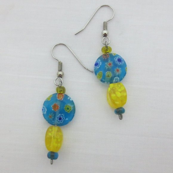 New Blue & Yellow Hand Crafted Dangle Earrings - Picture 2 of 6